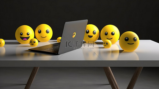 办公室虚拟背景背景图片_虚拟工作站 3D 笔记本电脑和桌子，带有聊天气泡和表情符号，用于远程生产力和在线通信插图