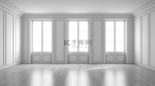 房间空墙背景图片_朴素的白色房间，配有镶木地板门和大窗户 3D 渲染