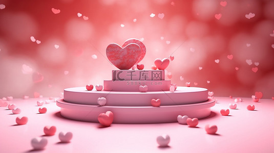 玫瑰色平台装饰着心形抽象爱情主题背景 3D 渲染概念