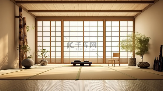 宁静的日本风格房间的当代禅宗绿洲 3D 渲染