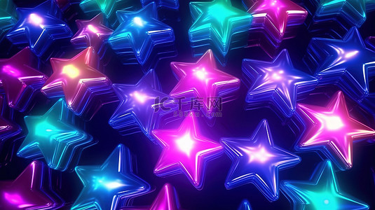 充满活力的霓虹灯星星在动态和豪华的俱乐部风格 3D 插图中令人惊叹的抽象背景