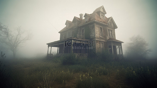 雾中老房子的怪异和神秘的 3D 渲染