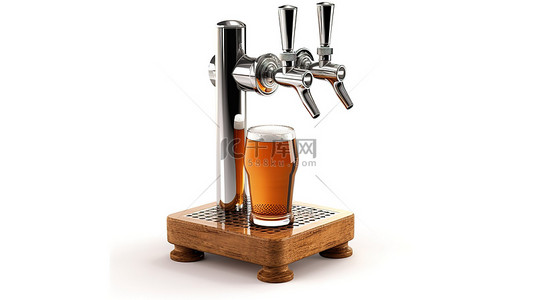 在白色背景上隔离的酒吧工具的 3D 插图呈现带有手柄的啤酒塔