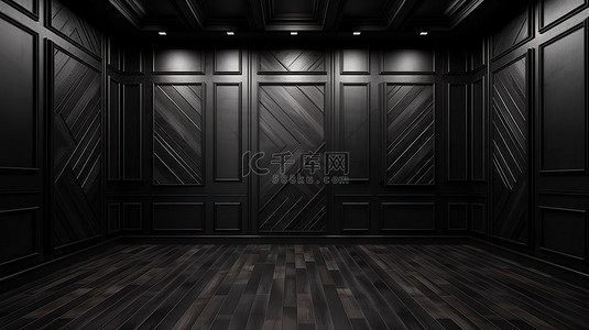 令人惊叹的 3D 渲染中的黑色木板墙和地板背景