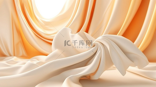 金色框架浮动白色织物中奶油色和橙色场景的抽象 3D 渲染
