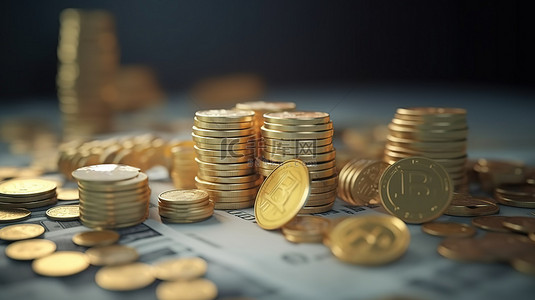 纸币背景图片_3d 渲染中的银行和金融概念硬币和纸币