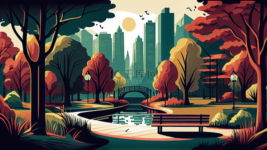 公园拱桥插画背景