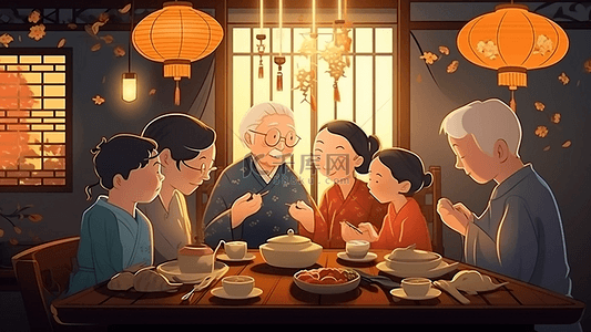 八月十五吃月饼背景图片_中秋节团圆插画