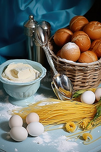 鸡蛋篮子背景图片_意大利面松饼和鸡蛋