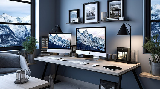 用户设置背景图片_在响应式家庭办公室设置上对雪山网站进行 3D 渲染