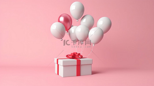 柔和的粉红色背景的 3D 渲染，白色气球和红丝带礼品盒在空中翱翔