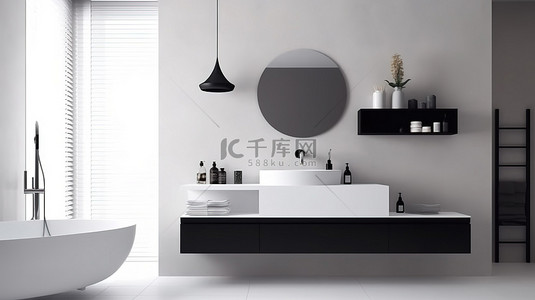 鼓舞人心的浴室家具设计白色悬挂式家具，带有醒目的黑色装饰，以 3D 形式呈现