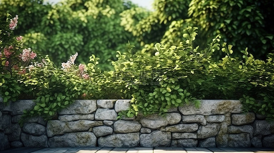 茂盛的花背景图片_石墙花园绿洲 3d 渲染攀缘植物茂盛的草地和参天大树