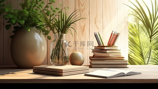 诱人背景图片_诱人的办公桌上摆放着书籍植物文具和 3D 渲染蒙太奇的空间
