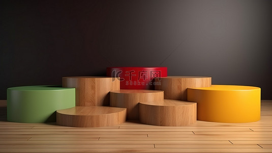 以 3D 渲染并设置在橡木地板上的鲜艳色彩的简约几何讲台