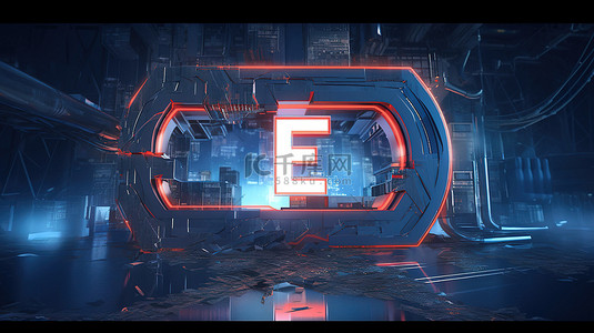 霓虹字母背景图片_3d 中发光的红色大写“e”，周围环绕着蓝色字母