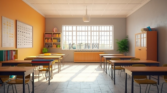 老师学生学校背景图片_3d 渲染空教室等待学生返回