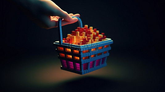 购物商店背景图片_像素化购物篮上的手形光标的 3D 渲染