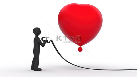 白色背景 3D 渲染红心气球由人用黑手气泵充气