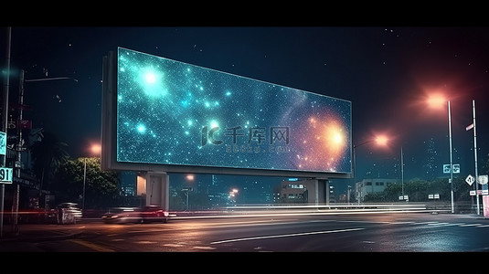 星夜广告牌由聚光灯照亮的街道标志的 3D 渲染