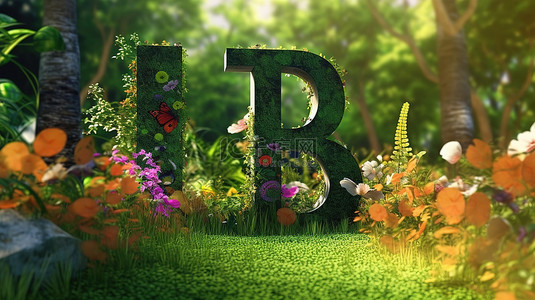 辉煌的花园景观与 3D 渲染刻字