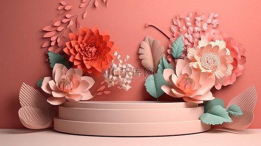 最小化按钮背景图片_3d 渲染中的纸艺风格花卉讲台