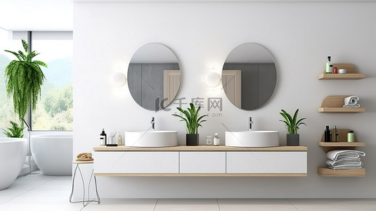 浴室家具和配件的详细视图，以数字渲染的原始白墙上悬挂着方形镜子为特色