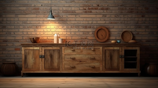 传统木地板上老式木制厨柜的古董照片 3D 渲染