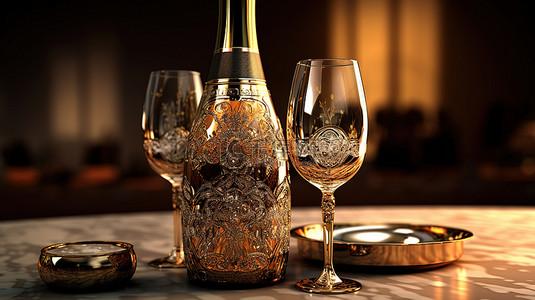 背景玻璃杯背景图片_3D 渲染中装饰精美的香槟瓶和玻璃杯