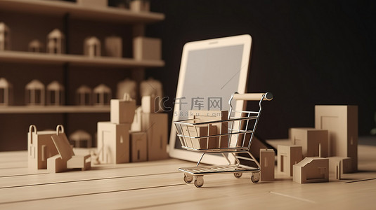 电子商务和技术融合了在线购物的 3d 渲染与空白屏幕平板电脑添加到购物车和在线支付