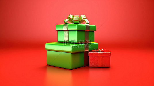 绿色丝带背景图片_用绿色丝带蝴蝶结绑着的红色礼品盒的 3D 渲染