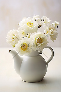 一个白色的茶壶，里面有白色的花朵
