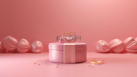 有心背景图片_闪闪发光的粉红色平台和金色丝带礼盒，在 3D 渲染的粉红色背景上带有心形情人节的爱