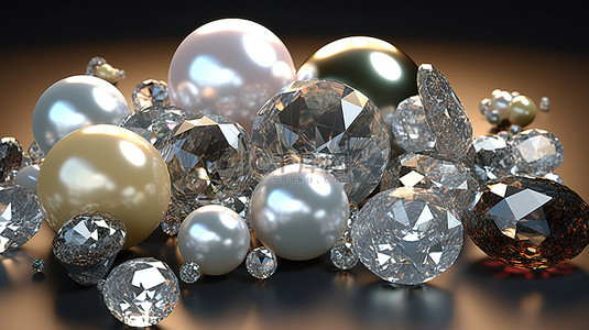 包括珍珠钻石和羽毛在内的水晶元素的数字描绘