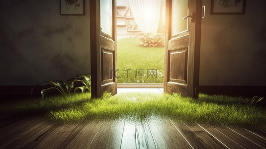 自然概念阳光的 3D 渲染照亮了门敞开地板上长草的房间