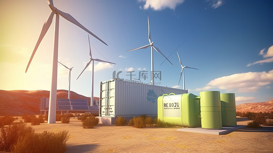集成能源系统氢燃料储罐的 3D 渲染，带有太阳能电池板风力涡轮机和背景能量存储容器单元