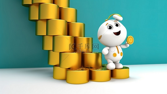 动画白色人物登上装满金币的楼梯 3D 渲染插图