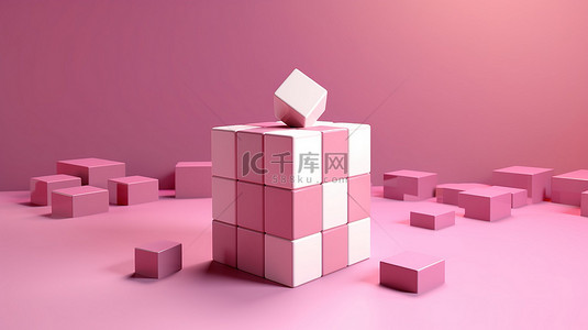 具有粉红色背景的清单立方体和充足的复制空间，用于 3D 渲染概念