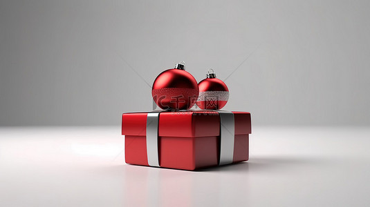红色喜庆丝带背景背景图片_时尚的礼品盒，在 3D 渲染上装饰着喜庆的红色圣诞装饰