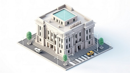 城市银行和金融白色背景等距建筑的 3D 渲染
