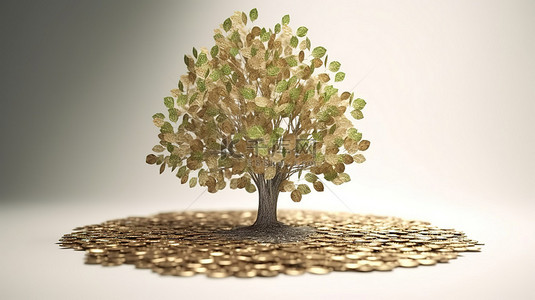 金钱树发芽 3d 渲染硬币在堆叠货币上开花成更大的叶子
