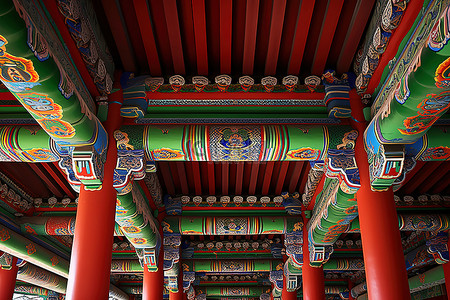 长城背景图片_韩国宗教建筑内色彩鲜艳的天花板