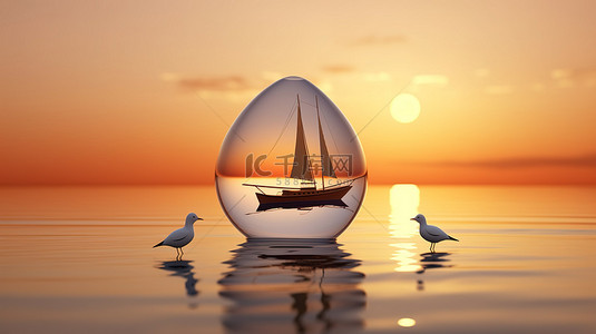 受日落启发的带有帆船和海鸥轮廓的玻璃蛋的 3D 渲染