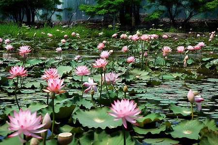 粉红色的睡莲在有很多植物的池塘里