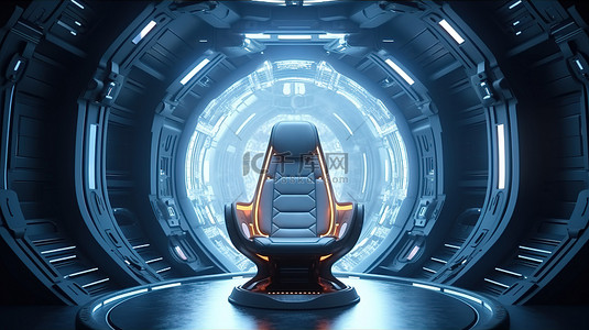 3D 插图中的未来太空飞船工作场所和椅子抽象背景