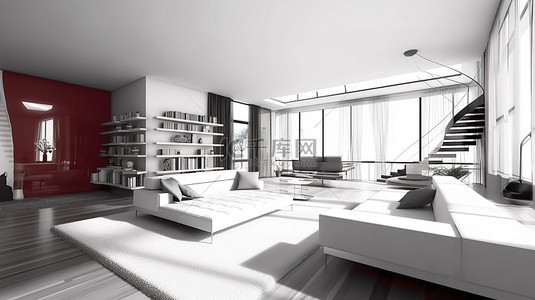 住宅设计背景图片_当代住宅设计草图和室内空间 3D 渲染