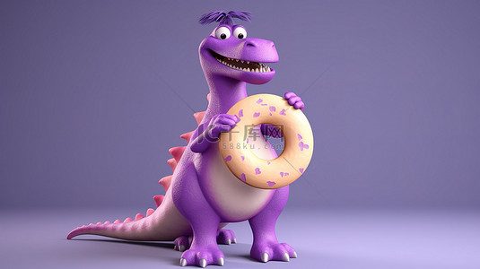 搞笑的 3D 紫色恐龙举着牌子和甜甜圈