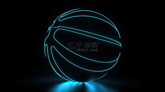黑暗空间中带有霓虹灯蓝色光芒的单个黑色篮球 3D 渲染图像