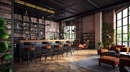 阁楼风格的酒吧室内设计，采用引人注目的 3D 渲染