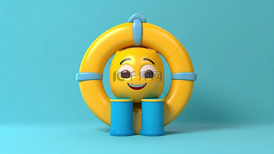 3D 渲染的蓝书吉祥物，救生圈漂浮在充满活力的黄色背景上